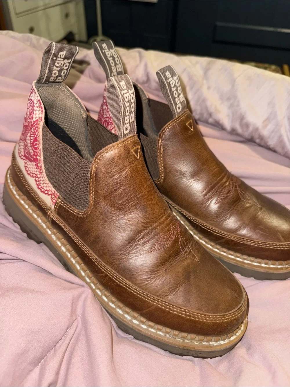 Georgia Boot Brown Leather Slip-On Ankle Booties with Pink Paisley Heel Panels